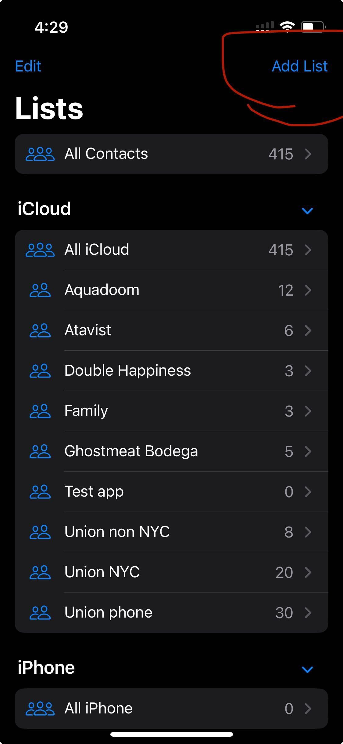 screenshot of the main contacts screen on iOS with a squiggle circling the 'Add list' button